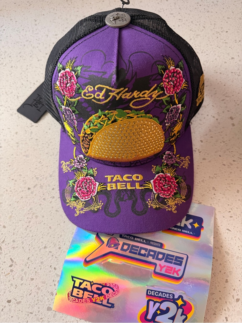 Ed Hardy Purple Taco Bell Trucker Hat with Floral Embroidery - Picture 4 of 6